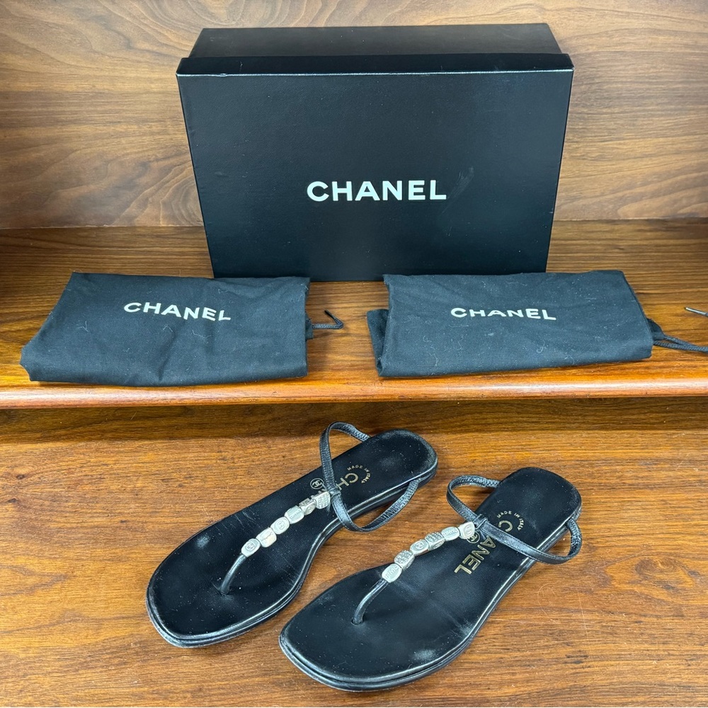 Chanel Black Leather Sandals, Size 6.5B, 36H, with Original Box + Dust Bags